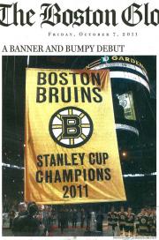 Newspaper article showing our custom championship banner for the Boston Bruins