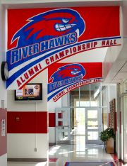 Appliqued decorative athletic banners for UMass Lowell Championship Hall