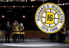 Circular custom retired number banner for the Boston Bruins
