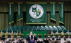 Hand sewn school seal banner for Notre Dame HS graduation