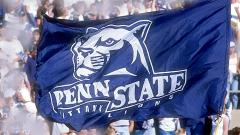 Closeup of applique cheer flag for Penn State