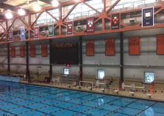 Applique intra-conference banners with college seals for Princeton Swimming