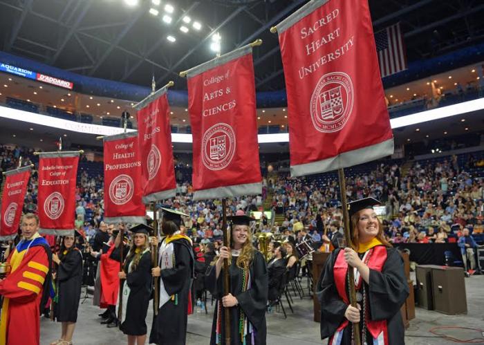 Custom hand sewn commencement gonfalons for Sacred Heart