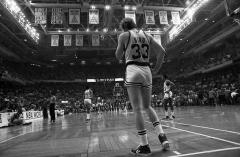 Celtics banners with Larry Bird from courtside