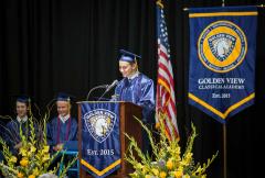 Applique podium banner and gonfalon for school graduation