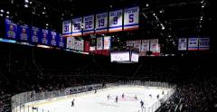 Custom championship banner set hanging in the New York Islander's stadium