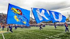 Custom hand sewn cheerleading logo and letter flags for KU