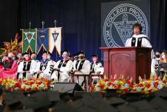 Custom large stage banner and gonfalons for Providence College